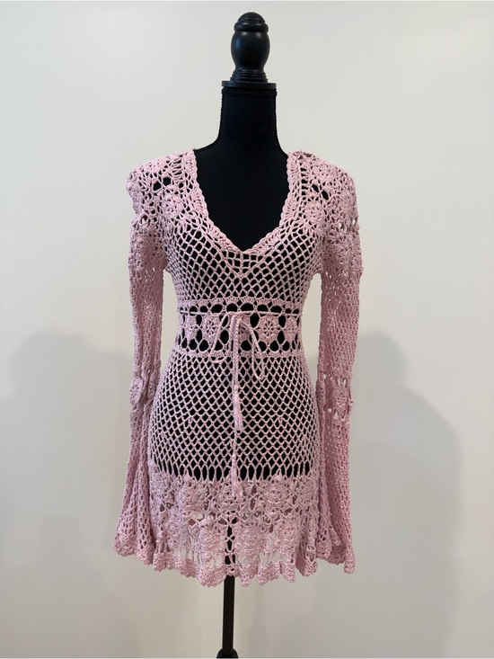 Sugar Thrillz Other - Sugar Thrillz Pink Crochet Bell Sleeve Mini Dress Swim Cover Up Size Large
